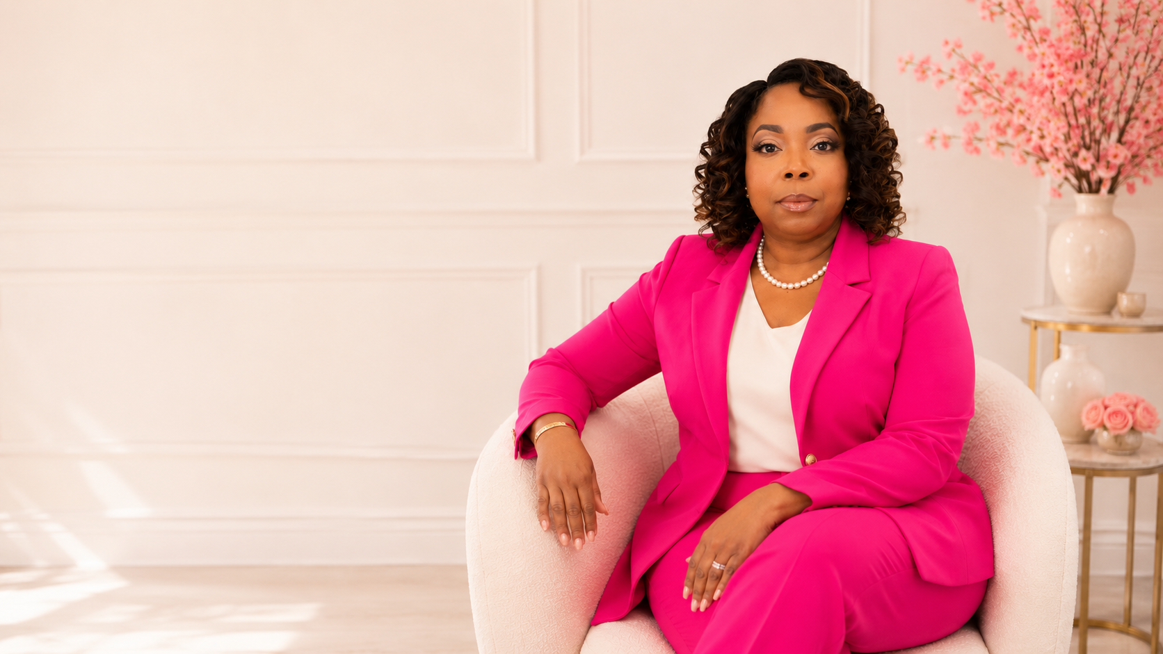 Dr. Tesha D. Colston seated confidently in a cream chair wearing a hot pink suit